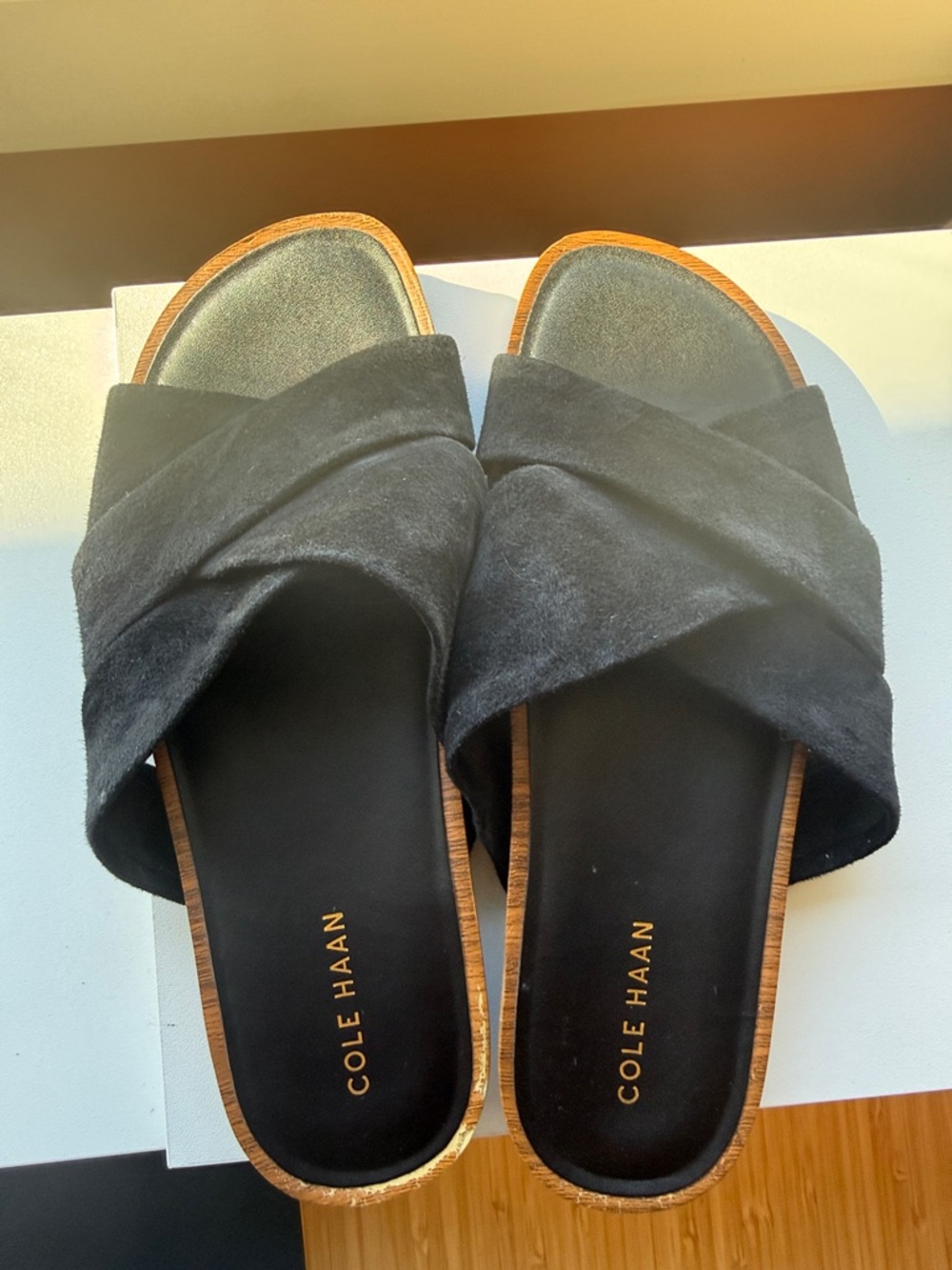 Cole Haan Black Suede Crossband Slides / sandals - size 6.5
